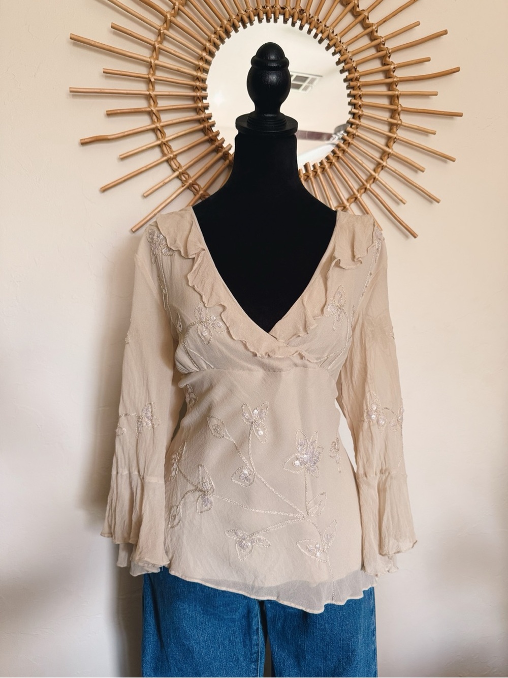 Beaded V-Neck Ruffle Blouse in Cream